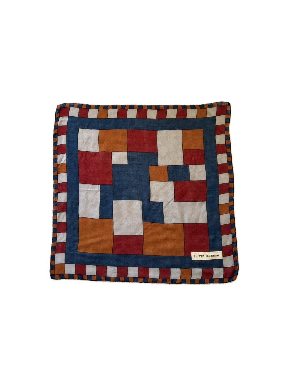 Vintage 1970s 1980s Pierre Balmain Patchwork Geometric Silk Scarf 25" Blue/Orang